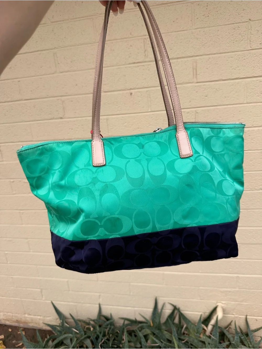 Coach Green Nylon Tote with Tan Handles and Navy Base